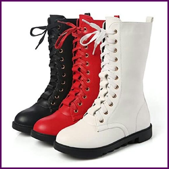 Girls Leather Combat Boots Mid Calf Zipper Lace-Up Winter Riding - Picture 4 of 8